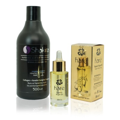 Hare Organic Argan Oil 30ml + Shakira Collagen Keratin Shampoo 500ml Kit - Dry,Damaged,Colored Hair